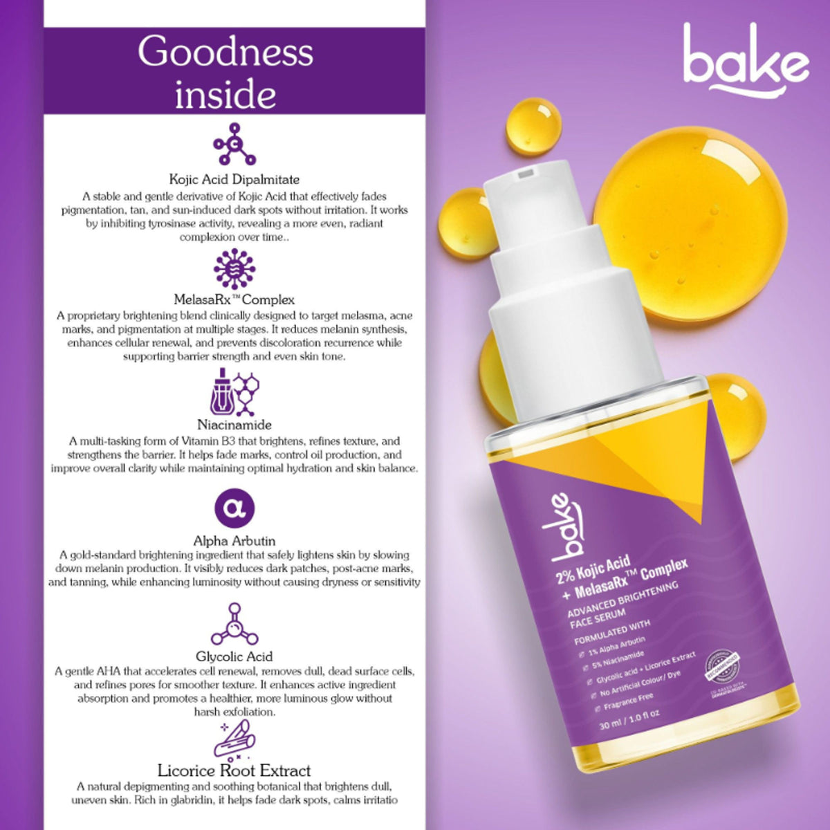 BAKE Kojic Acid face serum with niacinamide for pigmentation, dark spots, and uneven skin tone, shown in a clear dropper bottle