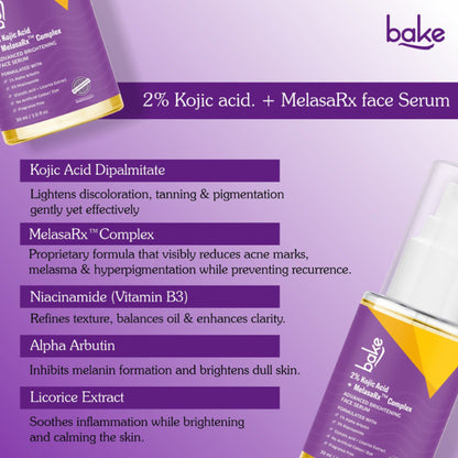 Bake 2% Kojic Acid face serum with niacinamide in a clear bottle, showing the product label and dropper applicator.