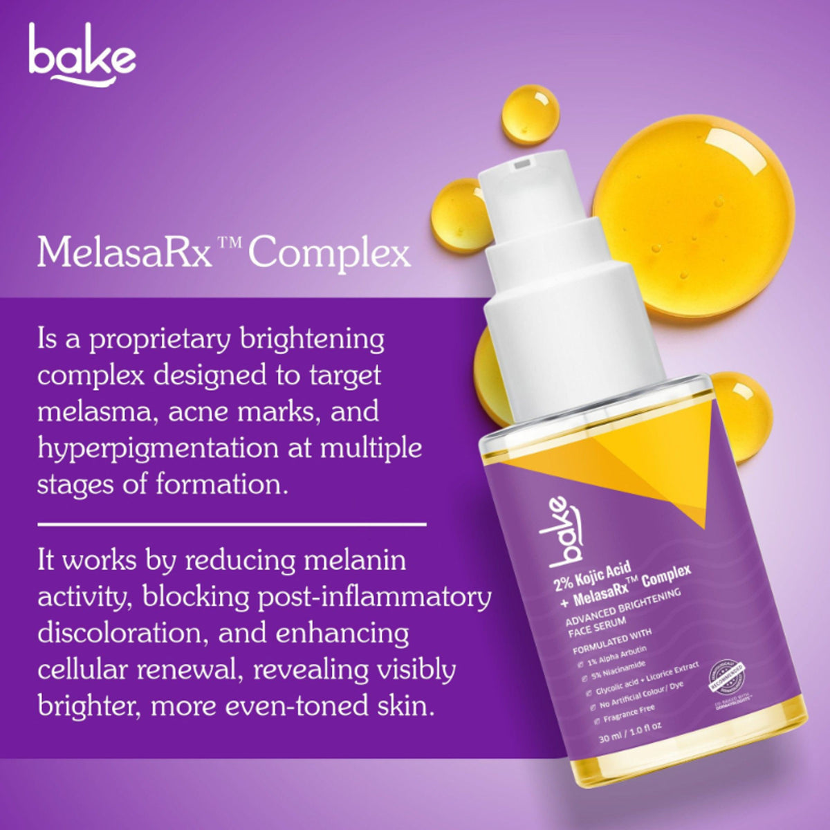 BAKE Kojic Acid face serum with niacinamide for pigmentation, dark spots, and uneven skin tone, shown in a transparent bottle.