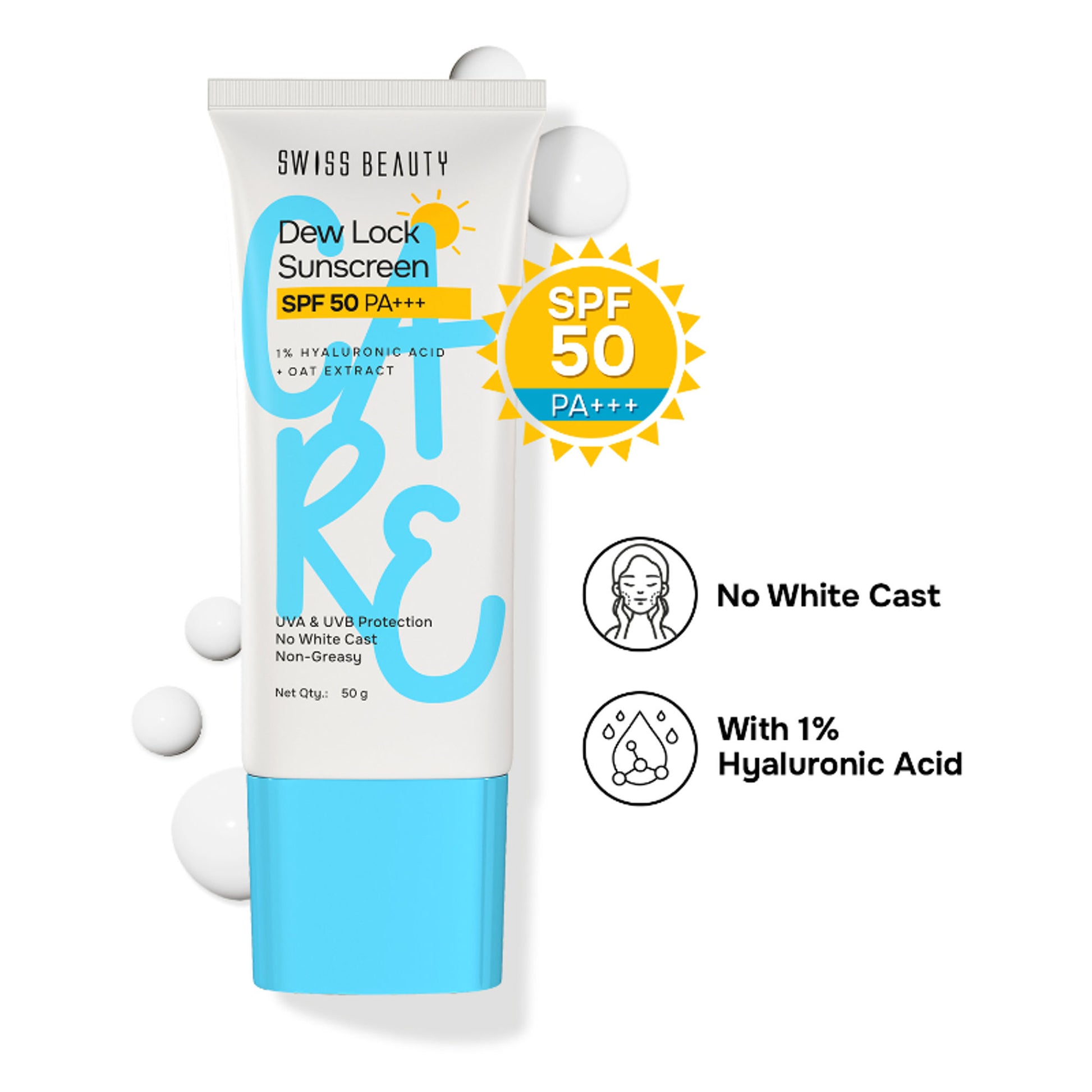 Swiss Beauty Care Dew Lock Sunscreen SPF 50 PA+++ With 1% Hyaluronic Acid