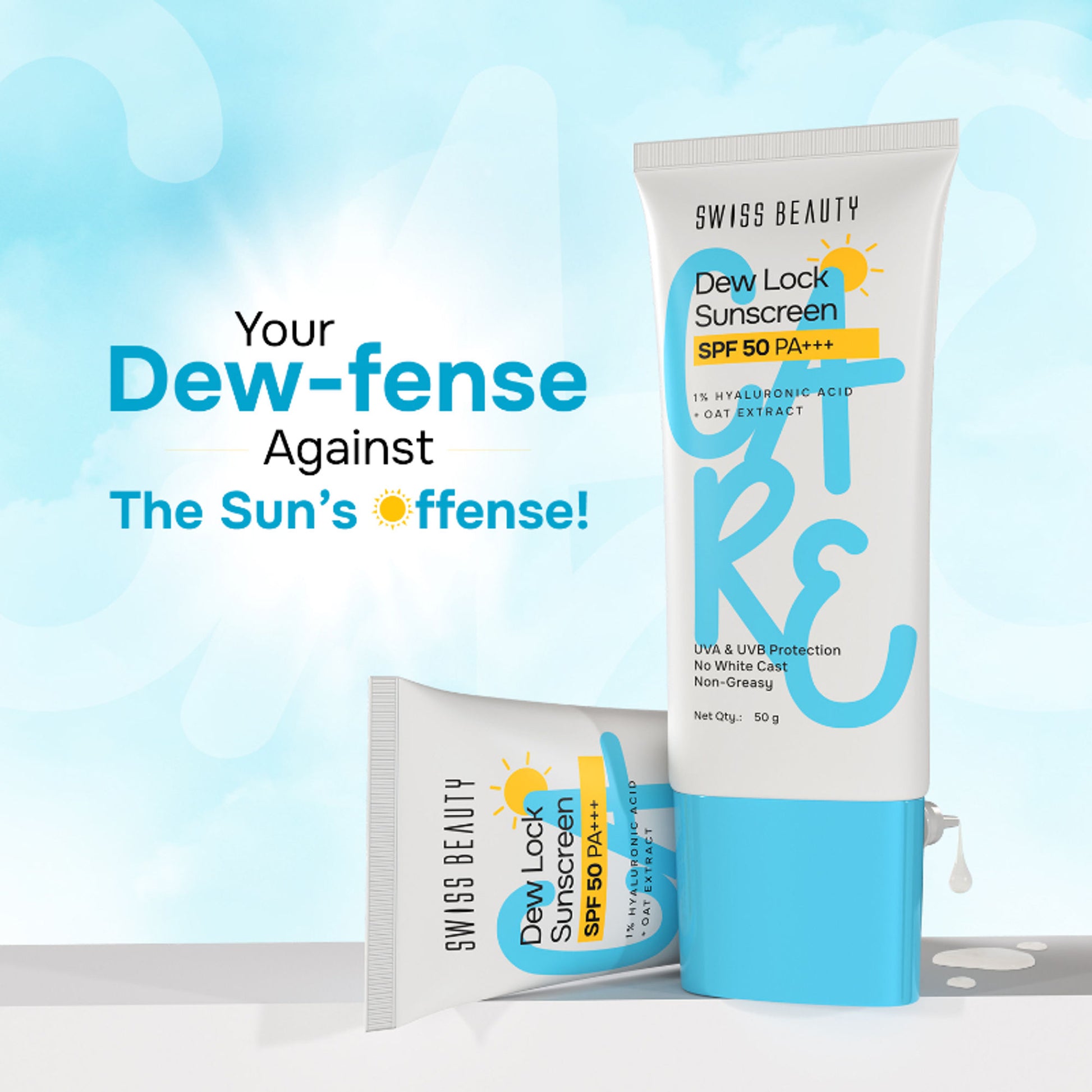 Swiss Beauty Care Dew Lock Sunscreen SPF 50 PA+++ With 1% Hyaluronic Acid