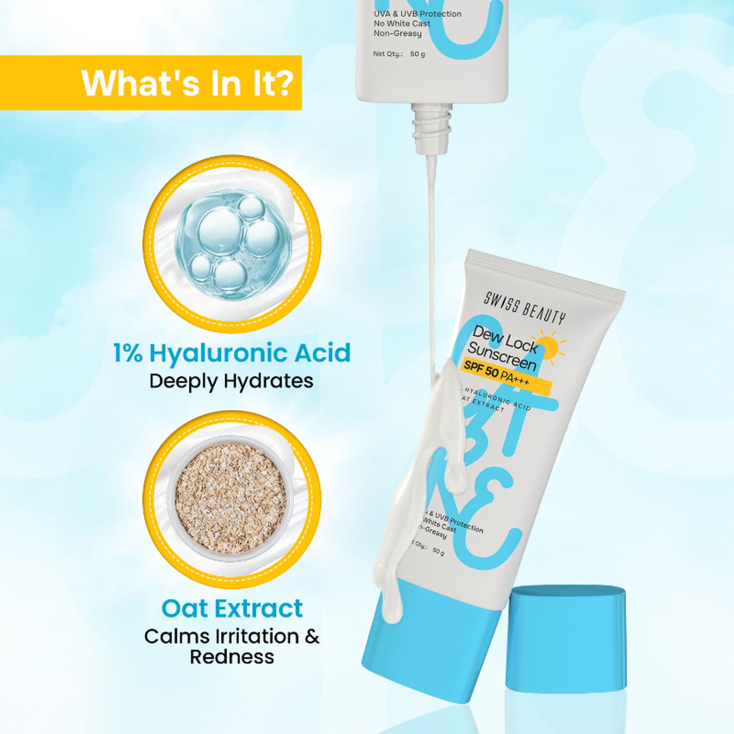 Swiss Beauty Care Dew Lock Sunscreen SPF 50 PA+++ With 1% Hyaluronic Acid