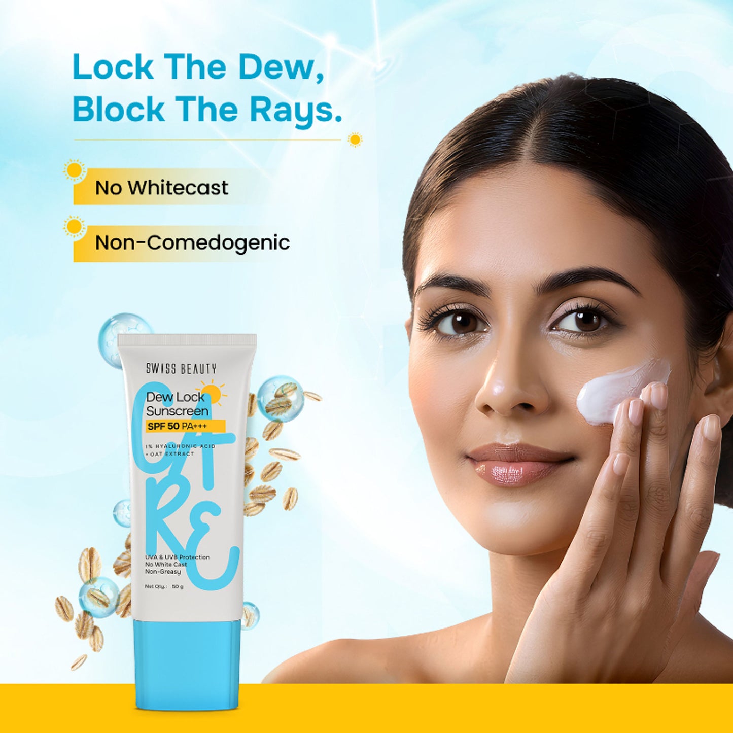 Swiss Beauty Care Dew Lock Sunscreen SPF 50 PA+++ With 1% Hyaluronic Acid