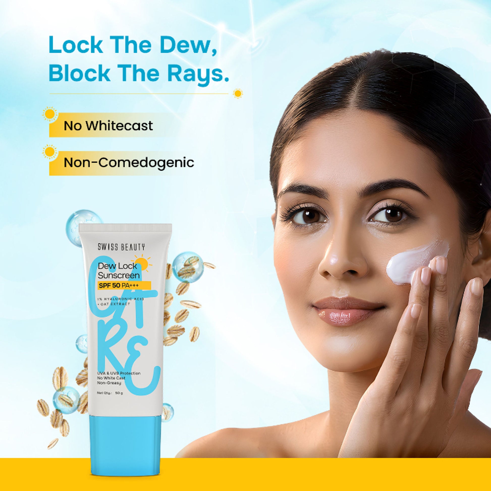 Swiss Beauty Care Dew Lock Sunscreen SPF 50 PA+++ With 1% Hyaluronic Acid