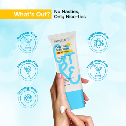 Swiss Beauty Care Dew Lock Sunscreen SPF 50 PA+++ With 1% Hyaluronic Acid