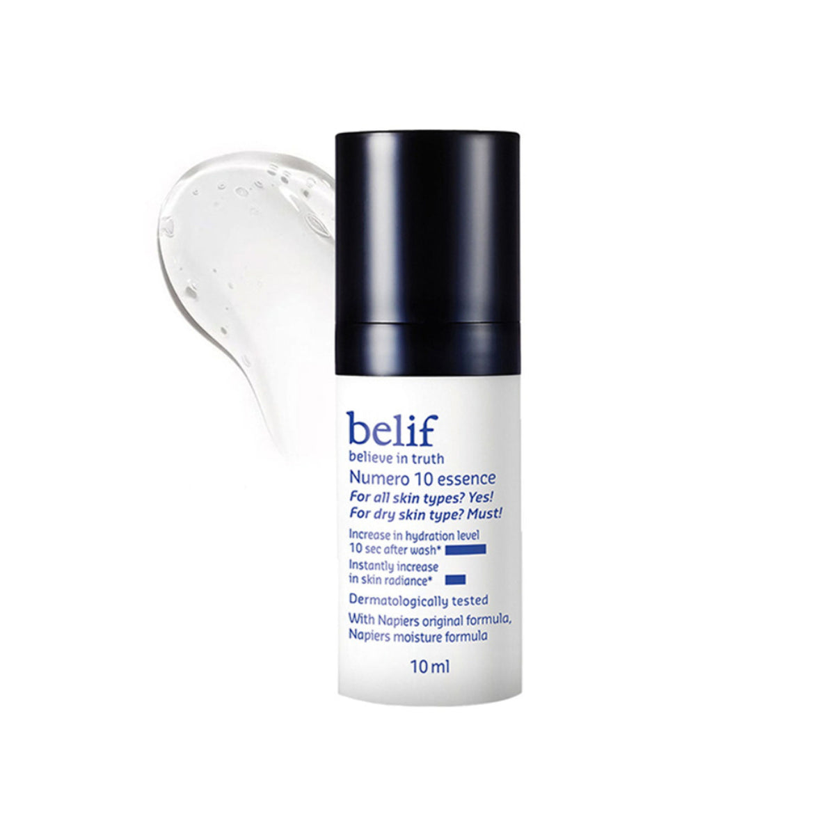 belif Numero10 Essence Korean vegan water toner and brightening serum with glass skin and hydrating glow in a clear bottle