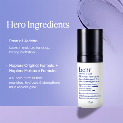 belif Numero10 Essence bottle with label, showcasing the Korean vegan water toner and brightening serum for glass skin and hydration