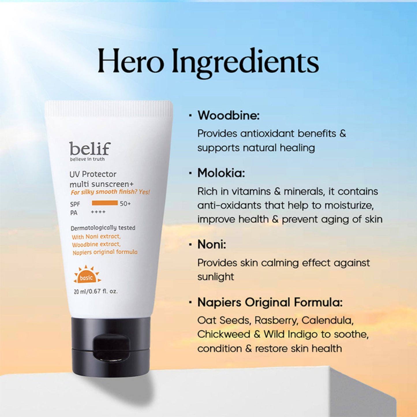 belif Multi-Vitamin Tinted Korean Sunscreen SPF50+ PA++++ Flawless Poreless Primer, In Vivo Tested