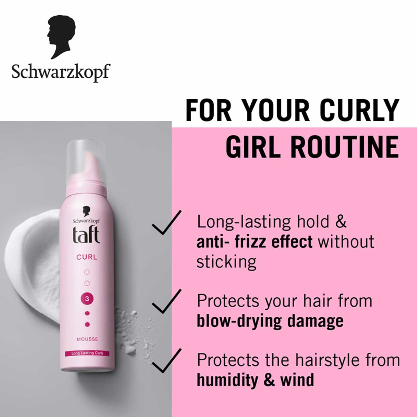 Schwarzkopf TAFT Curl Hold 3 Hair Mousse For Long Lasting Curls Weather-Proof Formula
