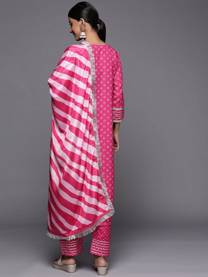 Dhiyona VA Women's Pink Bandhani Printed Kurta with Trousers & With Dupatta