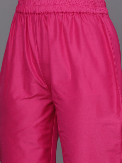 Indyancart VA Women's Fuchsia Bandhani Printed Regular Gotta Patti Kurta with Trousers & With Dupatta