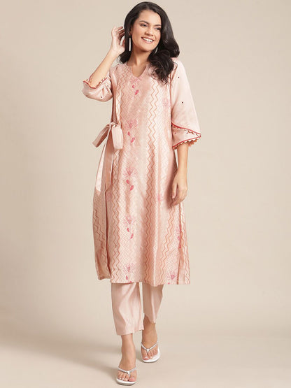 Indyancart VA Women's Peach-Coloured Printed Regular Kurta with Trousers