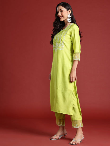 Indyancart IE Ethnic Motifs Embroidered Aari Work Liva Kurta With Trousers & Dupatta