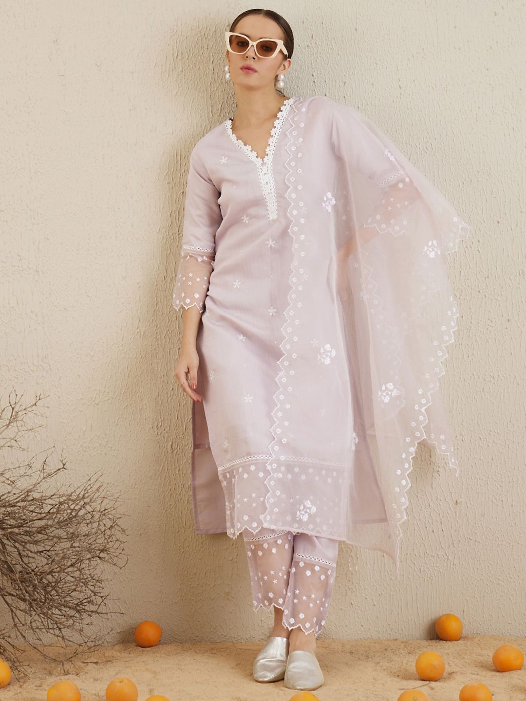 Indyancart IE Floral Embroidered V-Neck Thread Work Kurta with Trousers & With Dupatta