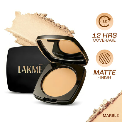 Lakme Forever Matte Compact with marble design, smooth finish, long-lasting 12-hour wear, provides an even-toned, matte look.