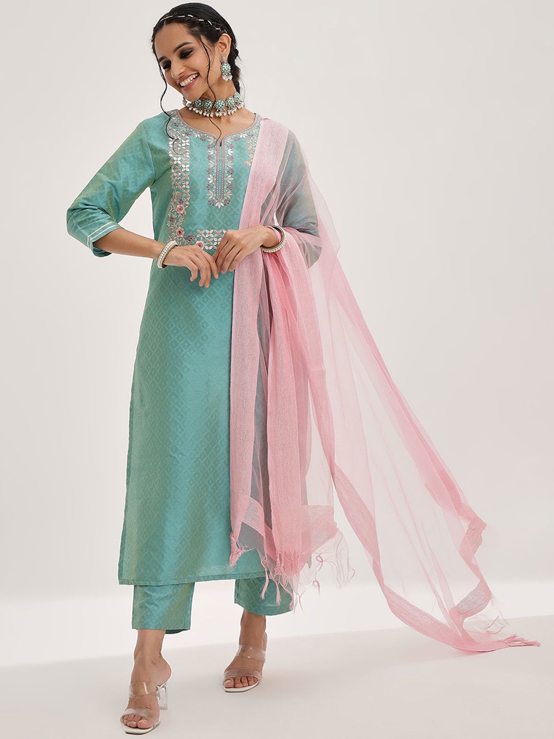 Indyancart VA Women'sFloral Yoke Design Gotta Patti Kurta & Trousers With Dupatta