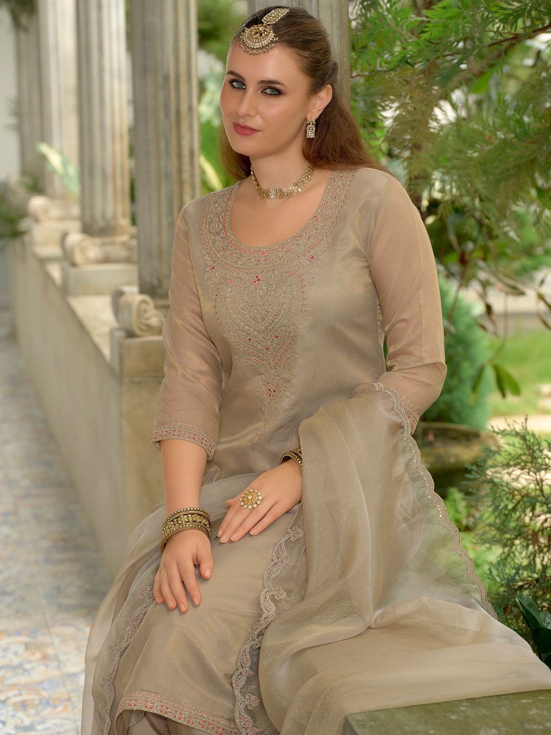 Adults-Women Woven Design Embroidered Kurta with Trousers & Dupatta