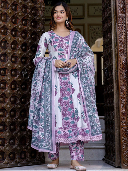 Dhiyona IE Floral Printed Empire Pure Cotton Anarkali Kurta With Trouser & Dupatta