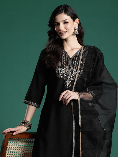 Indyancart IE Ethnic Motifs Zari Embroidered Liva Kurta With Sharara & Dupatta