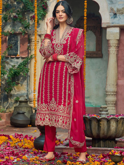 Indyancart IE Ethnic Motifs Embroidered V-Neck Zari Organza Kurta With Trousers And Dupatta
