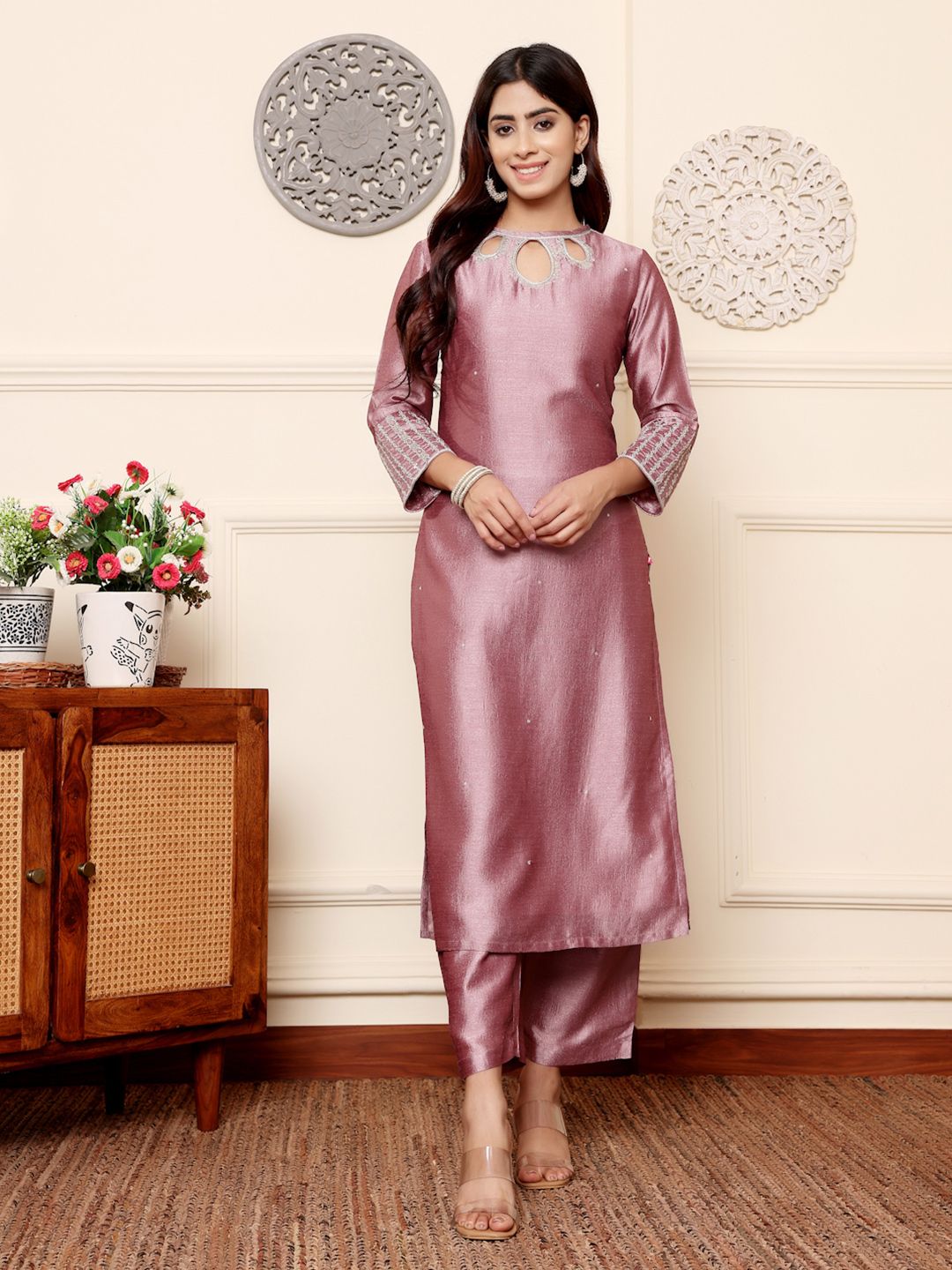 Indyancart VA Women'sLavender Sequinned Straight Kurta with Trousers & Dupatta