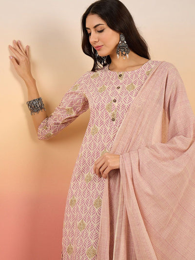 Indyancart SN Women's Ethnic Motifs Printed Pure Cotton Kurta with Trousers & Dupatta