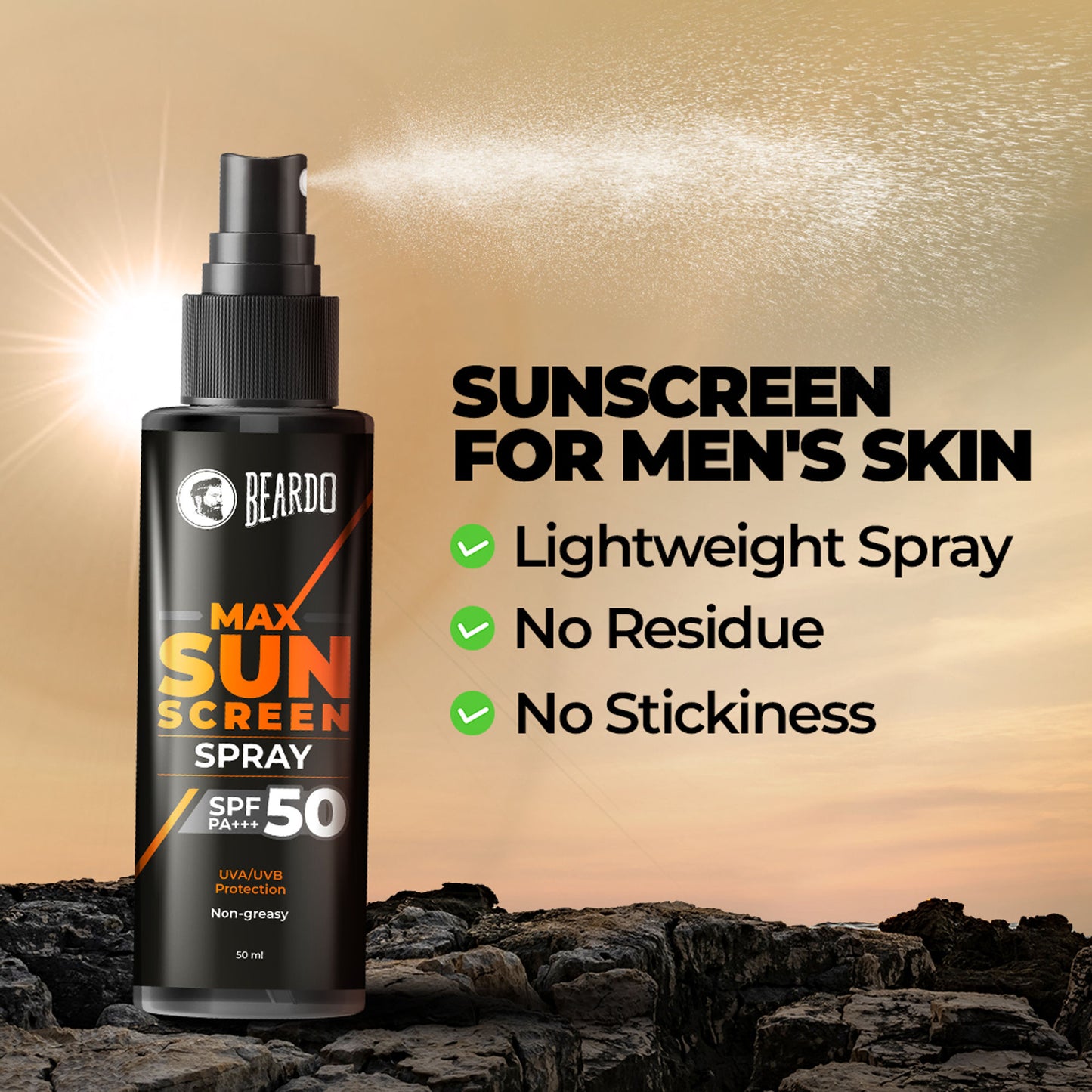 Beardo Max Sunscreen Spray SPF-50 P+++ For Indian Men,Non-Greasy Sunscreen Spray,For Oily Skin