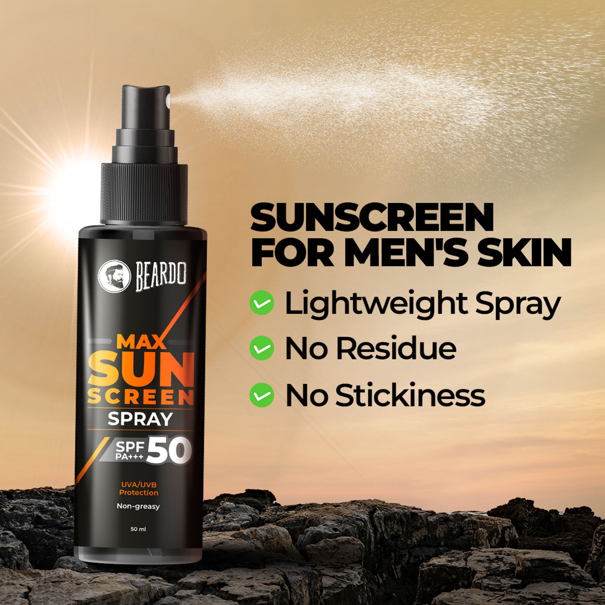 Beardo Max Sunscreen Spray SPF-50 P+++ For Indian Men,Non-Greasy Sunscreen Spray,For Oily Skin