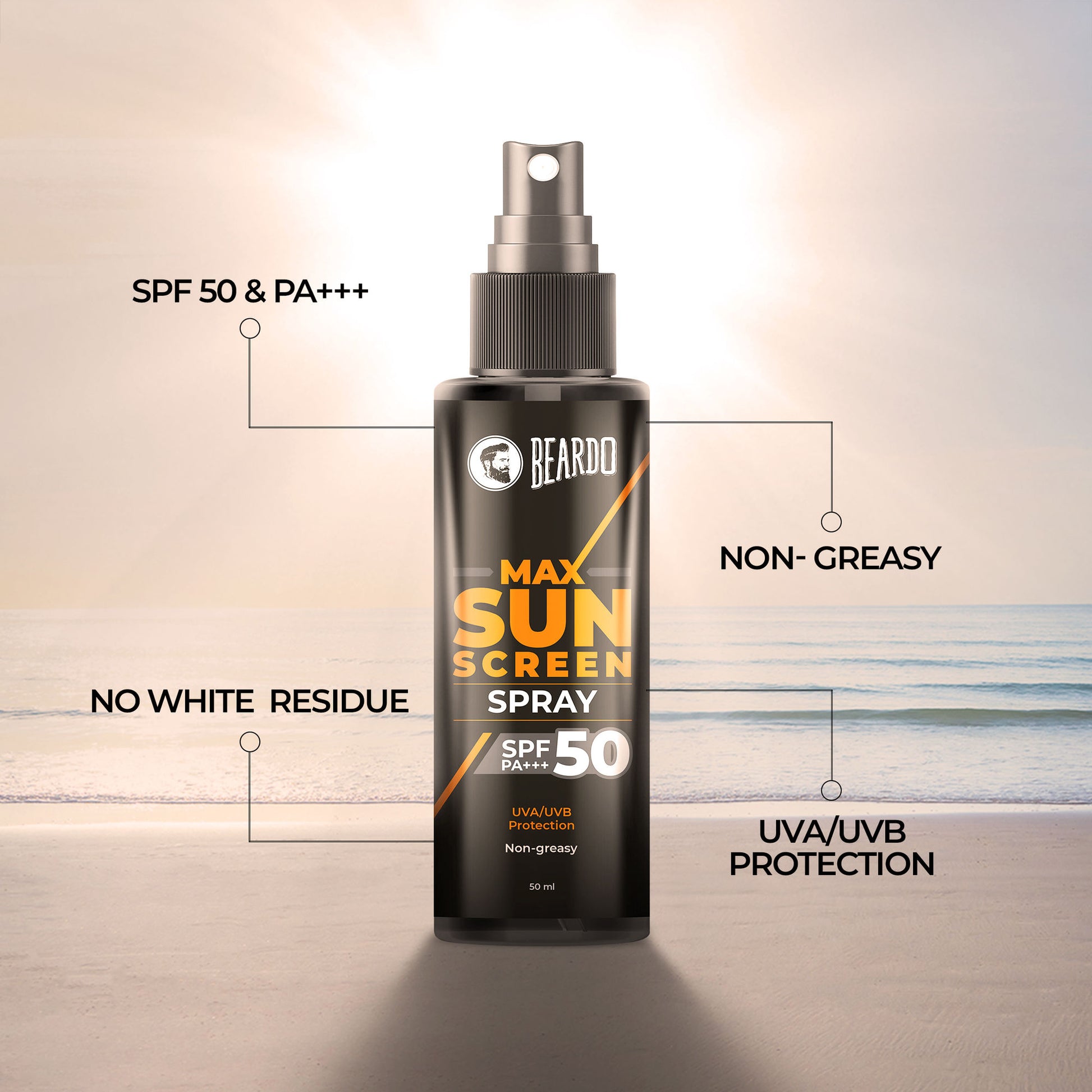Beardo Max Sunscreen Spray SPF-50 P+++ For Indian Men,Non-Greasy Sunscreen Spray,For Oily Skin