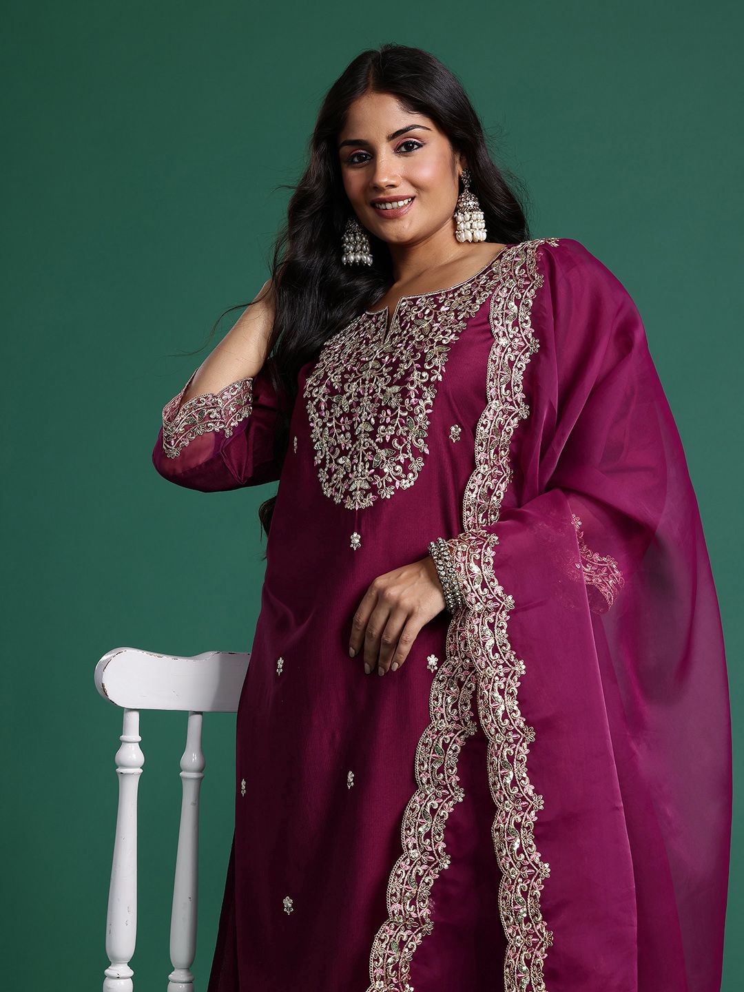 Indyancart IE Plus Size Ethnic Motifs Embroidered Liva Kurta with Trousers & With Dupatta