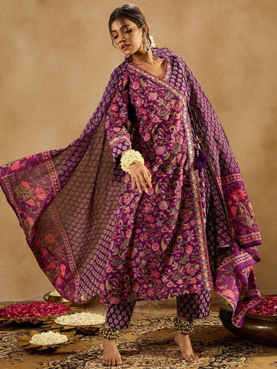 Indyancart IE Purple Floral Printed Angrakha V-Neck Thread Work Pure Cotton A-Line Kurta Set