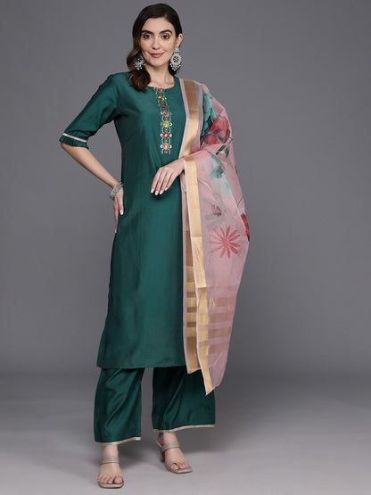 Indyancart IE Floral Embroidered Regular Thread Work Liva Kurta with Palazzos & Dupatta