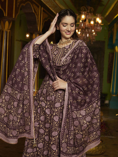 Indyancart SN Women's Purple Floral Printed Pure Cotton Anarkali Kurta & Trouser With Dupatta