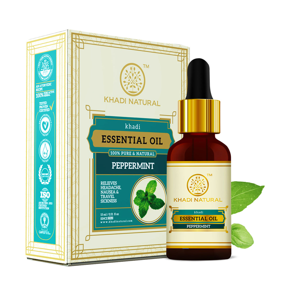 Khadi Natural Peppermint Essential Oil bottle with dropper, used for relieving headaches and nausea, on a neutral background.