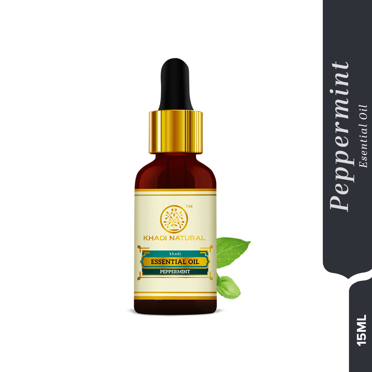Khadi Natural Peppermint Essential Oil bottle with label, used for relieving headaches and nausea, with fresh peppermint leaves nearby.