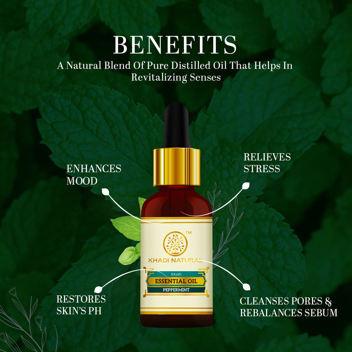 Khadi Natural Peppermint Essential Oil bottle with peppermint leaves, used for headache and nausea relief.