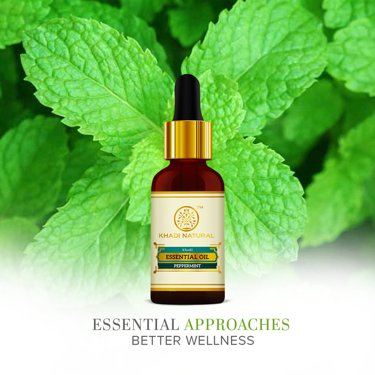 Khadi Natural Peppermint Essential Oil bottle with peppermint leaves, used for headache relief and nausea relief.