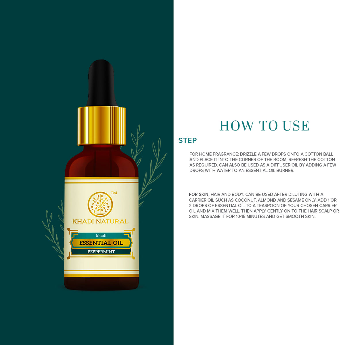 Khadi Natural Peppermint Essential Oil bottle with dropper, used to relieve headache and nausea in natural wellness routines.
