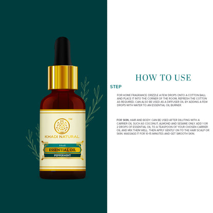 Khadi Natural Peppermint Essential Oil bottle with dropper, used to relieve headache and nausea in natural wellness routines.