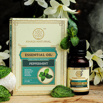 Khadi Natural Peppermint Essential Oil bottle with dropper, used for relieving headache and nausea, natural herbal remedy.