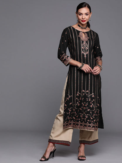 Indyancart IE Women Black & Gold-Toned Ethnic Motifs Foil Print Keyhole Neck Straight Kurta