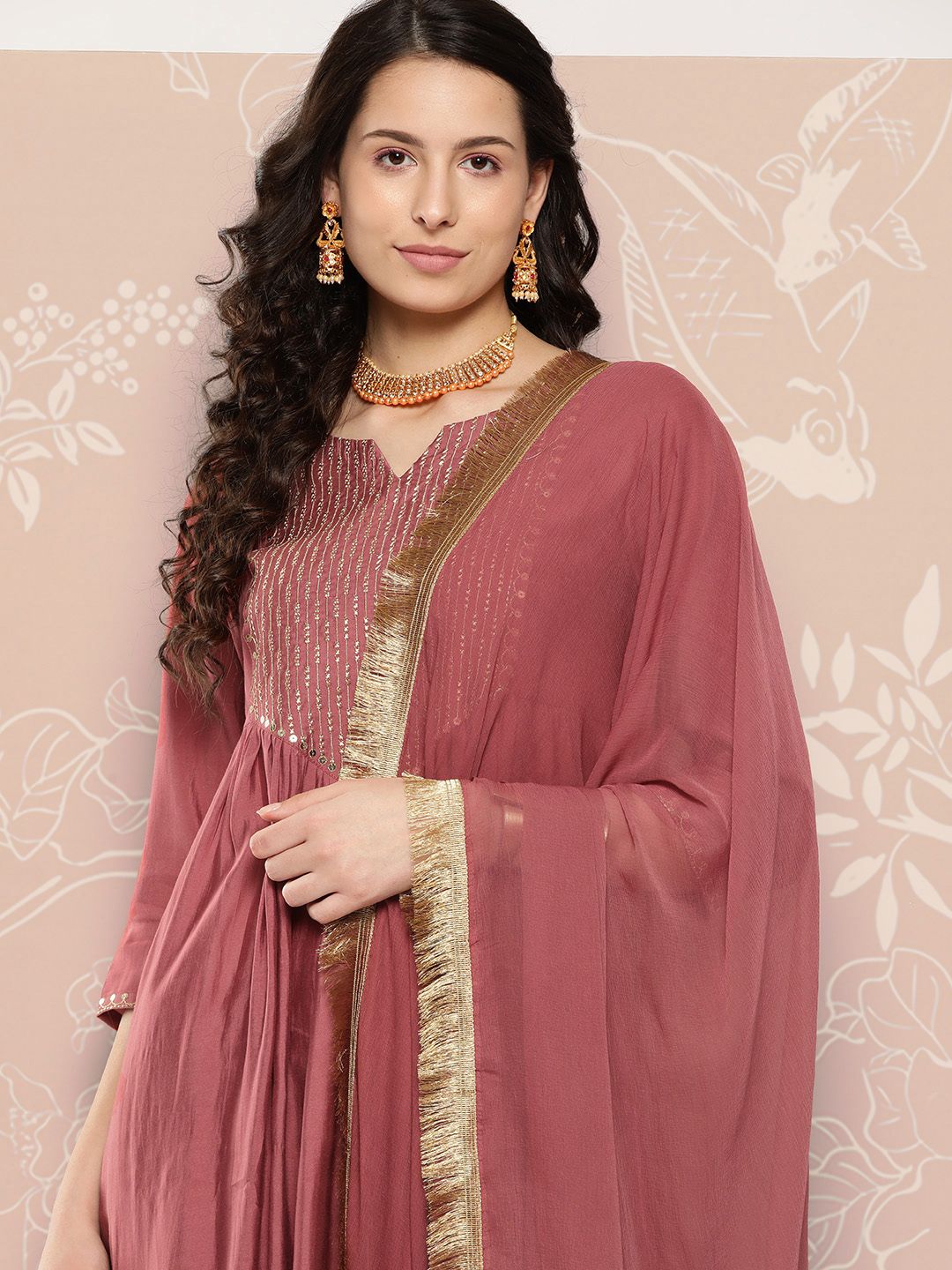 Indyancart VA Women's Embroidered Empire Kurta with Trousers & With Dupatta