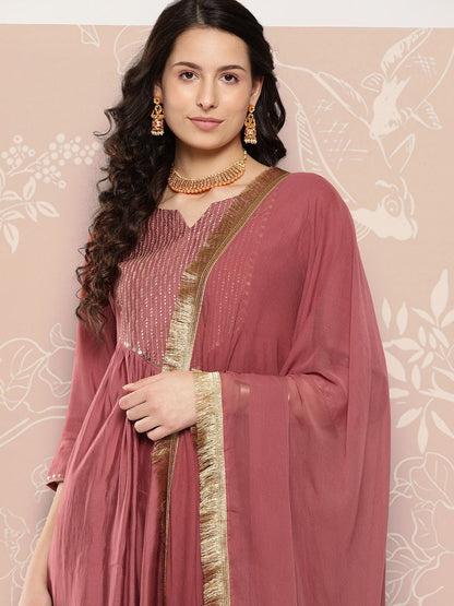 Indyancart VA Women's Embroidered Empire Kurta with Trousers & With Dupatta