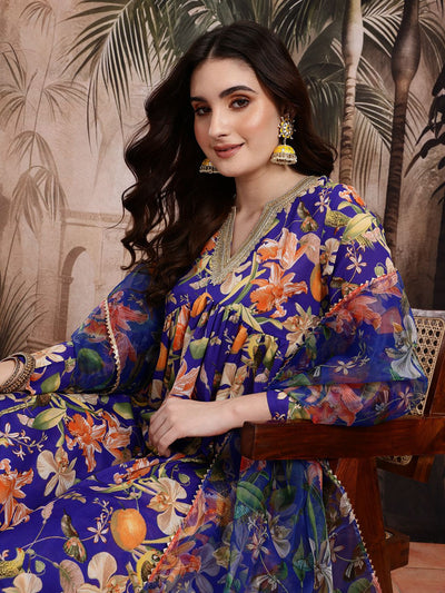 Indyancart SN Women's Floral Print Empire Kurta with Sharara & Dupatta