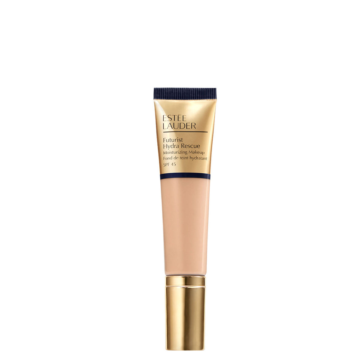 Estee Lauder Futurist Hydra Rescue Moisturizing Makeup SPF 45 in Ivory Beige, showing the foundation bottle with pump dispenser and product details.