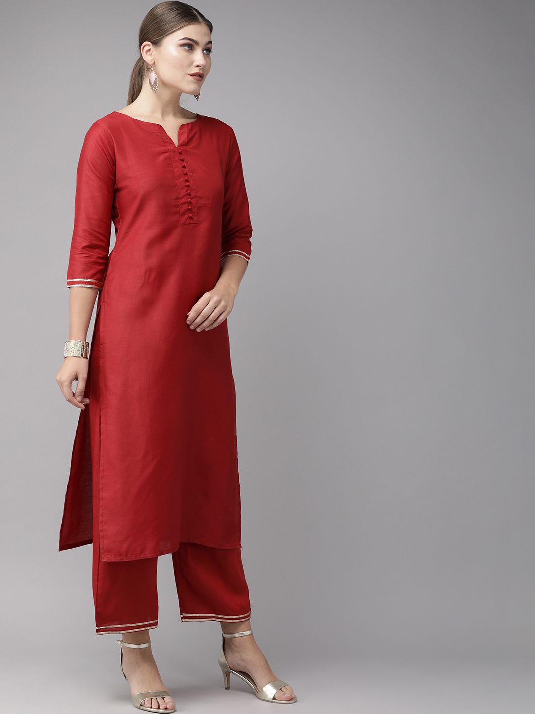 Dhiyona IE Women Maroon Solid Kurta with Palazzos & Dupatta