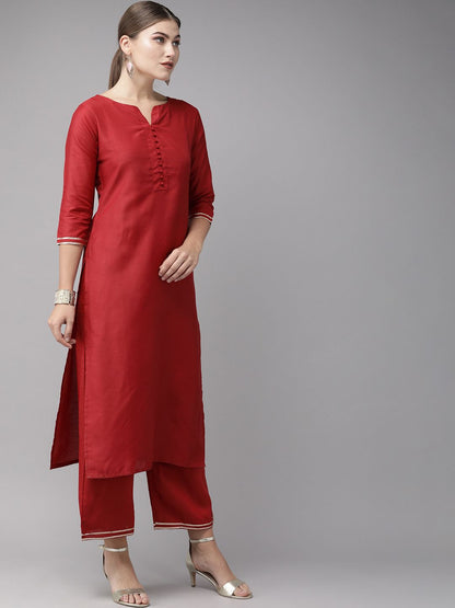 Dhiyona IE Women Maroon Solid Kurta with Palazzos & Dupatta