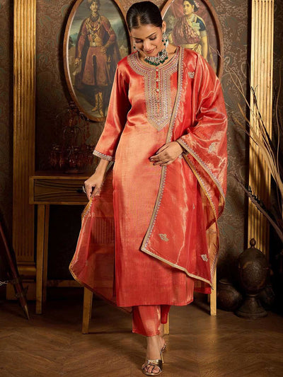 Indyancart IE Ethnic Motifs Embroidered Zari Liva Kurta With Trousers & Dupatta