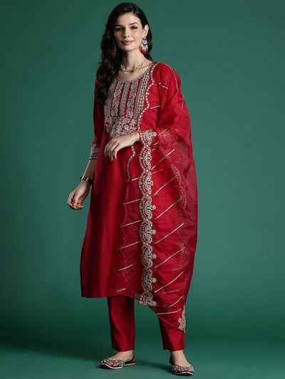 Indyancart IE Ethnic Motifs Embroidered Sequinned Liva Kurta With Trousers & Dupatta