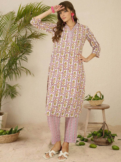 Indyancart IE Printed Pure Cotton Straight Tunic & Trousers Co-Ord Set